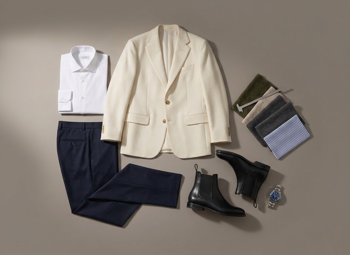 online presence A meticulously arranged flat lay of luxury womenswear pieces on a seamless warm gray backdrop, featuring a sharply tailored cream wool blazer, a fluid black silk slip dress, and a pair of structured patent leather ankle boots with sculpted heels. Nearby, a stack of thick, textured fabric swatches in muted tones and a sleek chrome measuring caliper hint at in-house design and quality control. Soft studio lighting from one side creates refined highlights on the fabrics and subtle shadows that add depth. Photographic realism with a clean, modern aesthetic, shot from a bird’s-eye view with balanced negative space, conveys a sophisticated, editorial mood ideal for a high-end online fashion presence without any human figures.